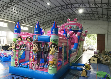 Hồng Dora Cartoon Trượt Inflatable thương mại Với Lâu đài Bouncy / Bouncy Slide