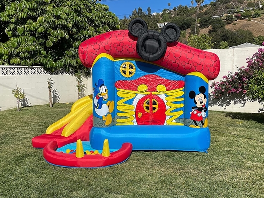 Bouncer bơm hơi PVC 0,55mm Disney Mickey Mouse Funhouse Nhà thoát ngoài trời có cầu trượt