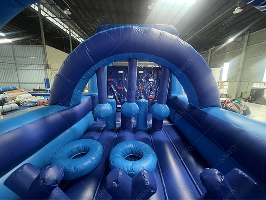 Thương mại màu xanh Modern Bounce House Inflatable Obstacle Course Với Slide Đối với người lớn Trẻ em