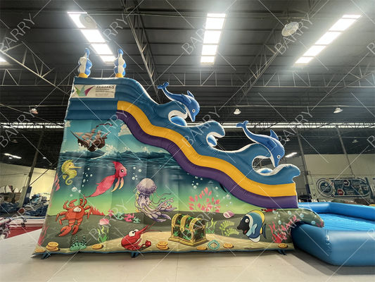 Cầu trượt nước bơm hơi hình cá mập xanh hai làn dùng trong nhà và ngoài trời cho trẻ em ở trung tâm thương mại