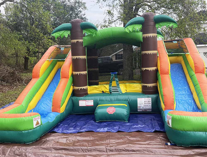 ướt hoặc khô Double Slide Tropical Bounce House Combo Jumping Castle cho trẻ em