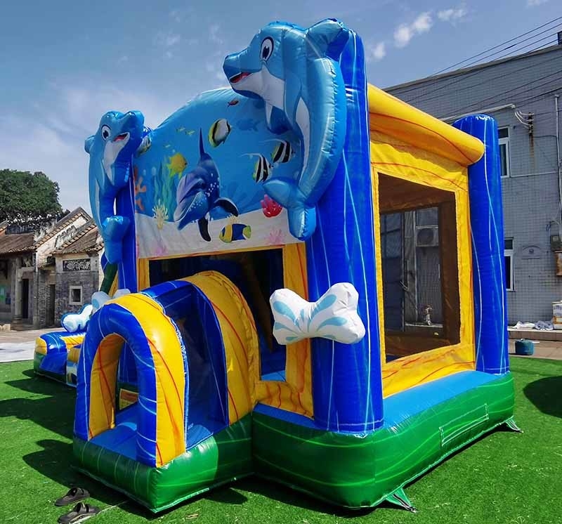 Nhà nhảy Dolphin theo yêu cầu với slide dưới nước thế giới chủ đề nhảy lâu đài cho trẻ em