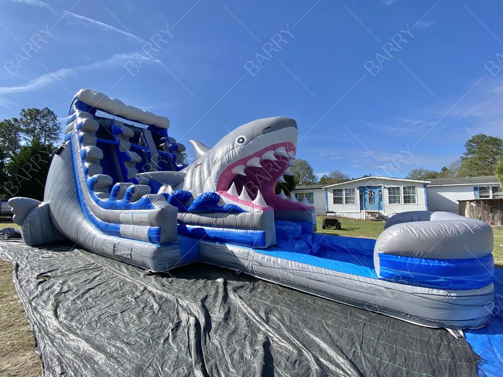 Nhà Bạt Bơm Hơi Trong Nhà Ngoài Trời Chủ Đề Cá Mập Với Cầu Trượt và Hồ Bơi, Cầu Trượt Nước Đôi Bơm Hơi Cho Trẻ Em