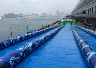 Dài vui màu xanh 3 ngõ 1000ft thành phố trượt một slide trượt nước inflatable